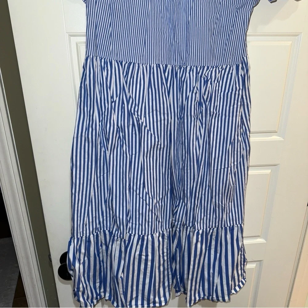 J. Crew Blue and White Tiered Ruffle Midi Sundress size 14 puff sleeve - Picture 2 of 7